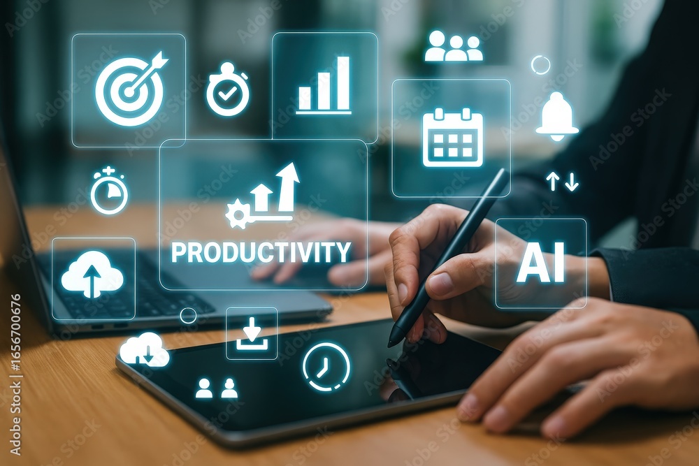 Poster a person interacts with a digital tablet displaying productivity and ai related concepts.