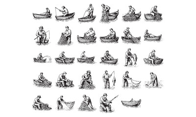 Obraz premium Vintage Black and White Fishing Illustrations Collection for Design and Art Projects