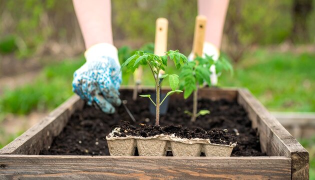 Hands in gloves planting young tomato seedlings in a wooden raised garden bed with soil and starter pots.