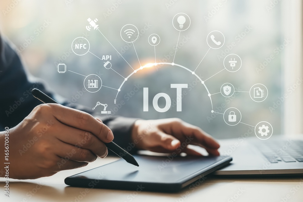 Poster hands interacting with a digital tablet displaying an interconnected network of internet of things (