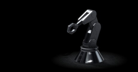A robotic arm stands poised against a dark background, signifying automation and industry