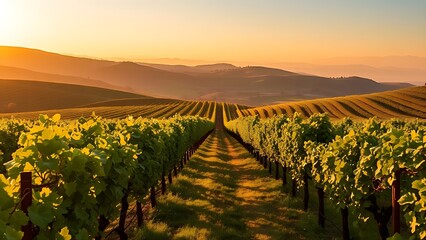 Naklejka premium Vineyard landscape at sunset with rows of grapevines leading to distant hills under warm golden light.