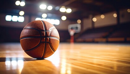 A basketball rests on the polished wooden court, with the blurred backdrop of an indoor arena. Capturing the essence of sport and leisure.