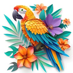 Fototapeta premium Vibrant macaw parrot surrounded by colorful flowers and lush tropical leaves, created with