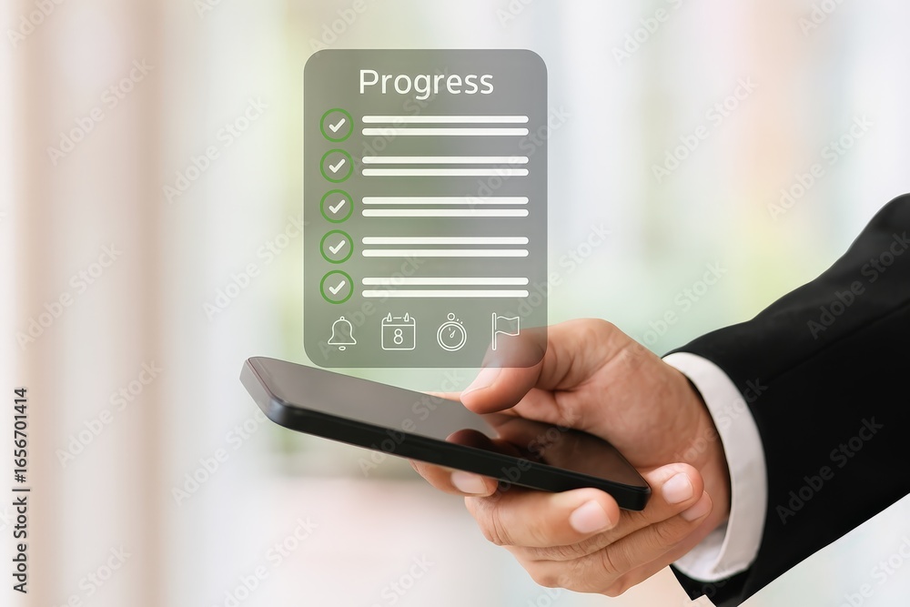 Poster a person holds a smartphone displaying a progress checklist with icons for time management.