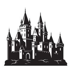 Obraz premium Majestic silhouette illustration of a detailed black and white medieval castle design