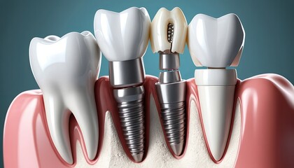 A dental model showing teeth and implants with one implant having a broken crown on a blue background