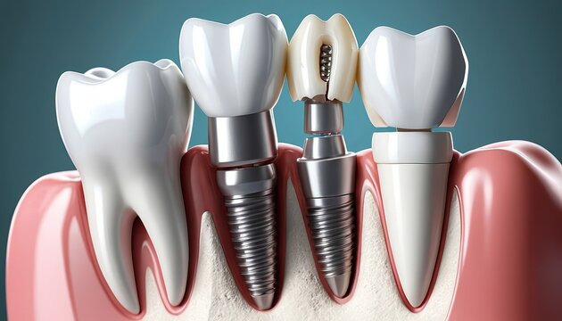 A dental model showing teeth and implants with one implant having a broken crown on a blue background - Powered by Adobe