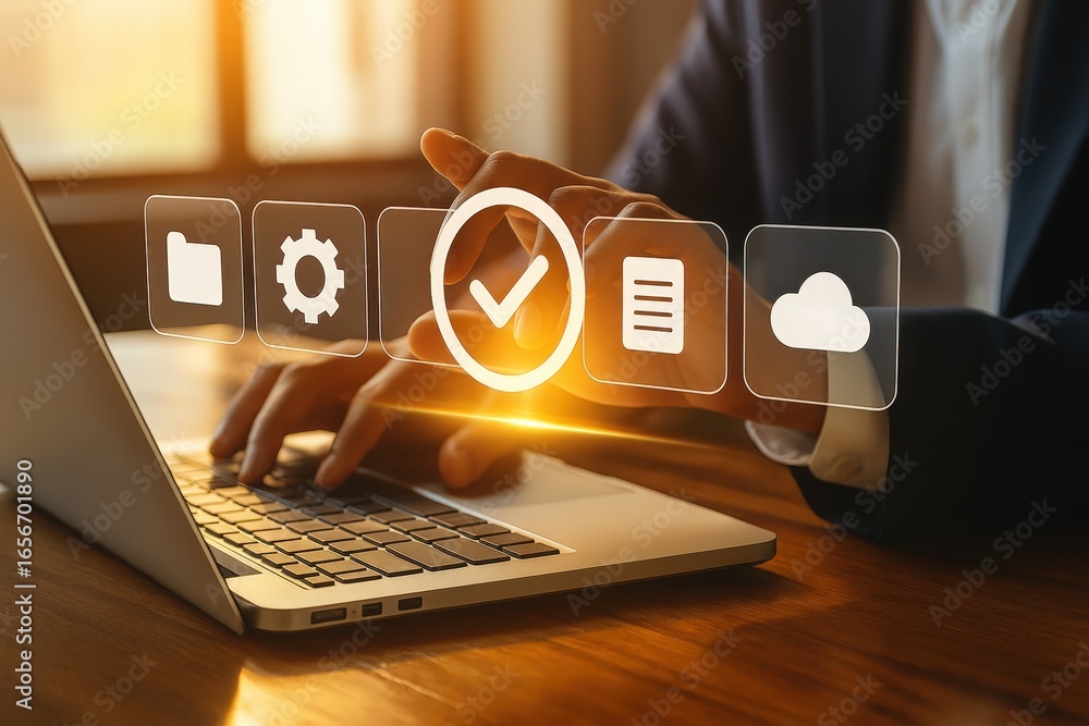 Poster a person interacts with a laptop display showing various application icons, highlighting a key appro