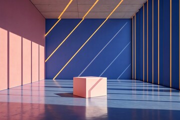 Minimalist room with pink cube and diagonal sunlight stripes