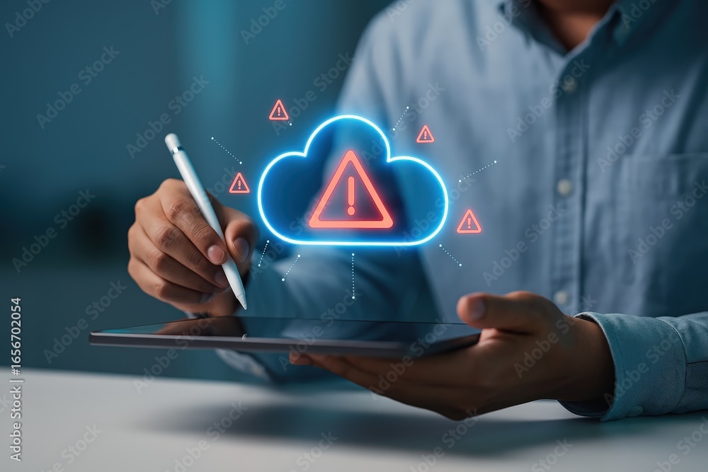 Aufkleber a person interacts with a digital cloud icon displaying a warning symbol on a tablet.