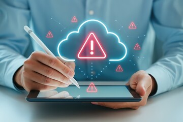 A person uses a stylus to interact with a digital tablet displaying a cloud with a warning symbol and interconnected alert icons, suggesting a system issue or data security concern.