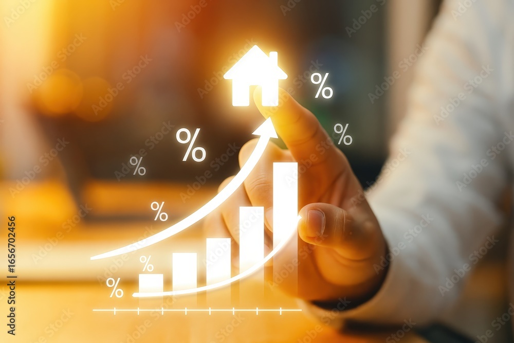 Poster a hand interacts with a glowing graph showing increasing property value percentages.