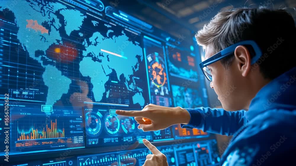 Aufkleber young man in blue jacket and glasses interacts with advanced digital world map interface, pointing a