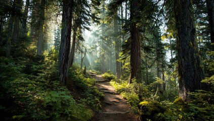 Obraz premium Sunlight streams through a lush forest trail