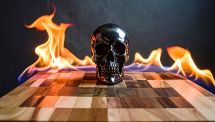 A polished metallic skull sits amidst vibrant flames on a richly patterned wooden surface, creating a dramatic and symbolic image.
