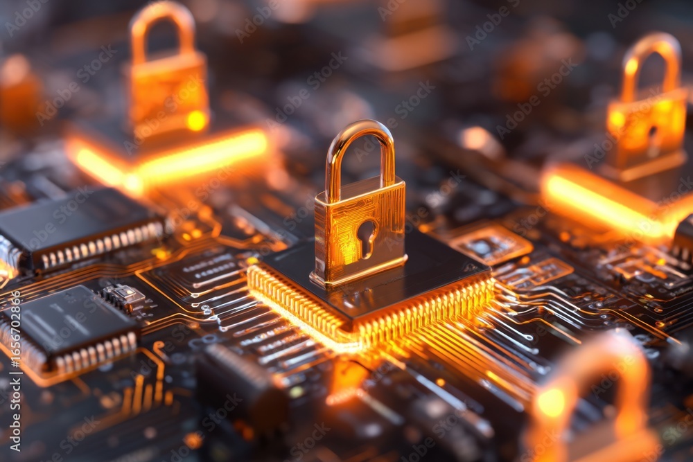 Poster a close-up view of a circuit board with glowing locks, symbolizing cybersecurity and data protection