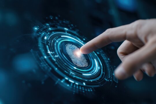 A hand is touching a digital fingerprint scanner, showcasing advanced technology in biometric identification on a futuristic interface.
