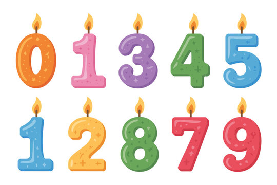 Colorful birthday candles shaped like numbers with flames