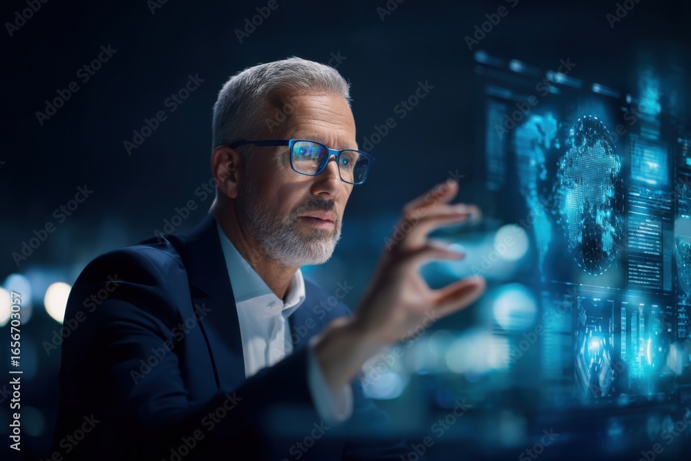 Aufkleber a focused man interacts with a digital interface, analyzing data and visualizations with a futuristi