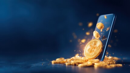 A smartphone displays golden cryptocurrency coins, surrounded by more coins, with a glowing effect emphasizing digital wealth and investment.