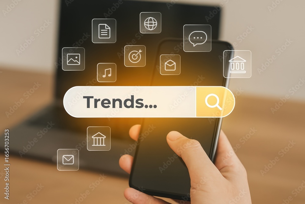 Poster a modern smartphone displays a search bar with the word 