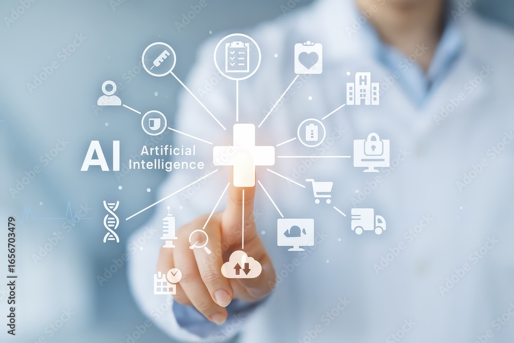 Poster a medical professional interacts with a futuristic interface displaying artificial intelligence appl