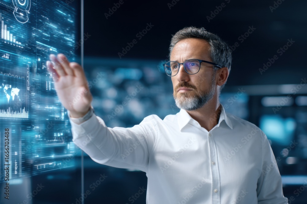 Poster a professional man interacts with a digital interface, showcasing advanced technology and data visua