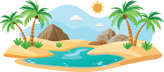 Obraz premium Tropical landscape featuring palm trees alongside a flowing river in a vibrant vector illustration.