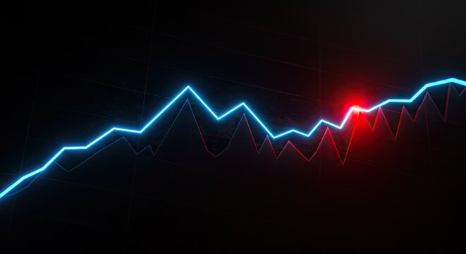 Dynamic glowing neon line graph charts financial market volatility with sharp upward and downward trends in a dark, futuristic interface