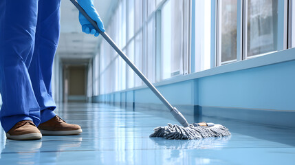 A janitor is mopping the floor in a hallway