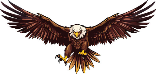 An eagle with its wings fully spread, showcasing its feathers against a plain white background. © Rizky