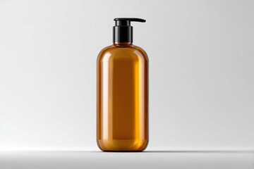 One brown plastic cosmetic pump bottle mockup for soap, lotion, or shampoo. Blank skincare product dispenser template. Glass packaging mock up for conditioner, body care cosmetics. White background