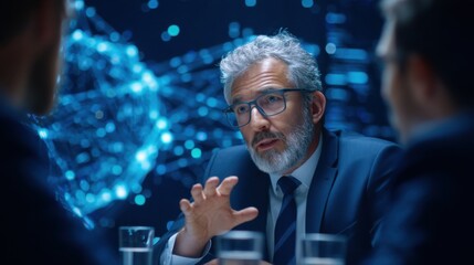 A professional man discusses ideas in a meeting, with a digital network backdrop, emphasizing technology and innovation.
