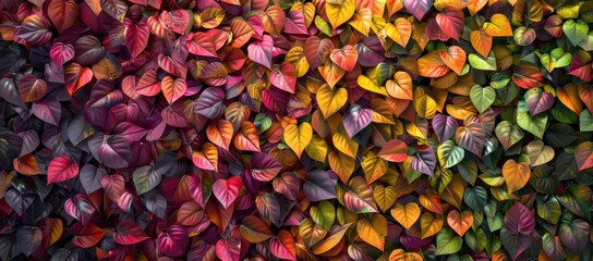 Autumn natural wallpaper background showing colorful fall foliage in reds, oranges, yellows, greens, purples, and golds, creating a seasonal ultra-detailed photorealistic scene design