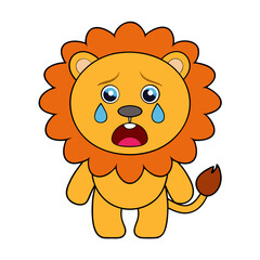 A sad lion with tears streaming down its face depicted as a graphic illustration on a clean white background