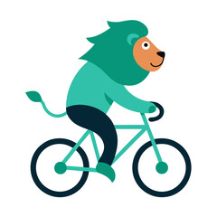 Whimsical illustration of a friendly lion confidently riding a bicycle against a clean white background perfect for playful designs