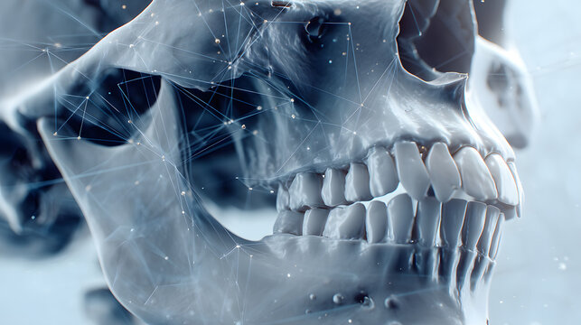 A digital rendering of a human skull with network connections