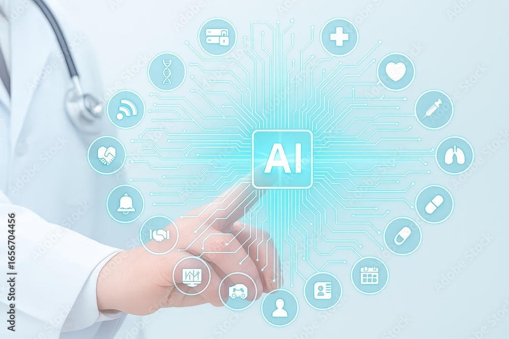 Poster a doctor's hand interacts with a futuristic display of medical applications of artificial intelligen
