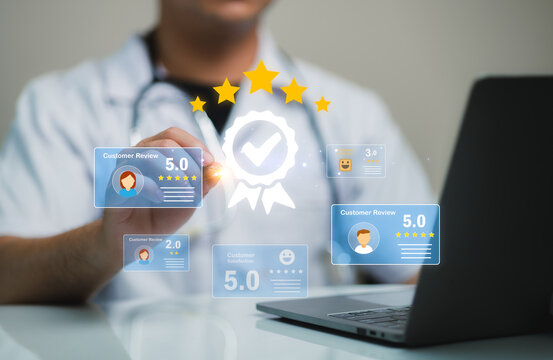 A healthcare professional interacting with digital customer reviews and ratings, highlighting the importance of feedback and quality assurance in healthcare services.