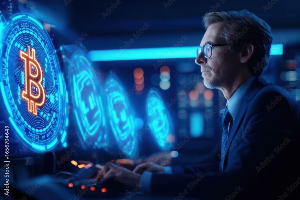 Poster a focused individual analyzes cryptocurrency data on a futuristic computer screen, illuminated by vi