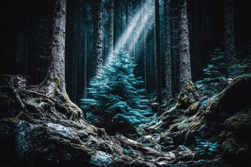 Mystical forest path with turquoise tree