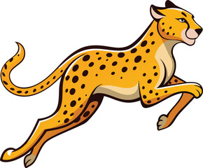 Cartoon cheetah sprinting across a white background, showcasing its speed and agility.