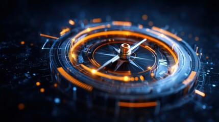 A futuristic compass with glowing orange accents, set against a dark background, symbolizes navigation and precision in a digital landscape.