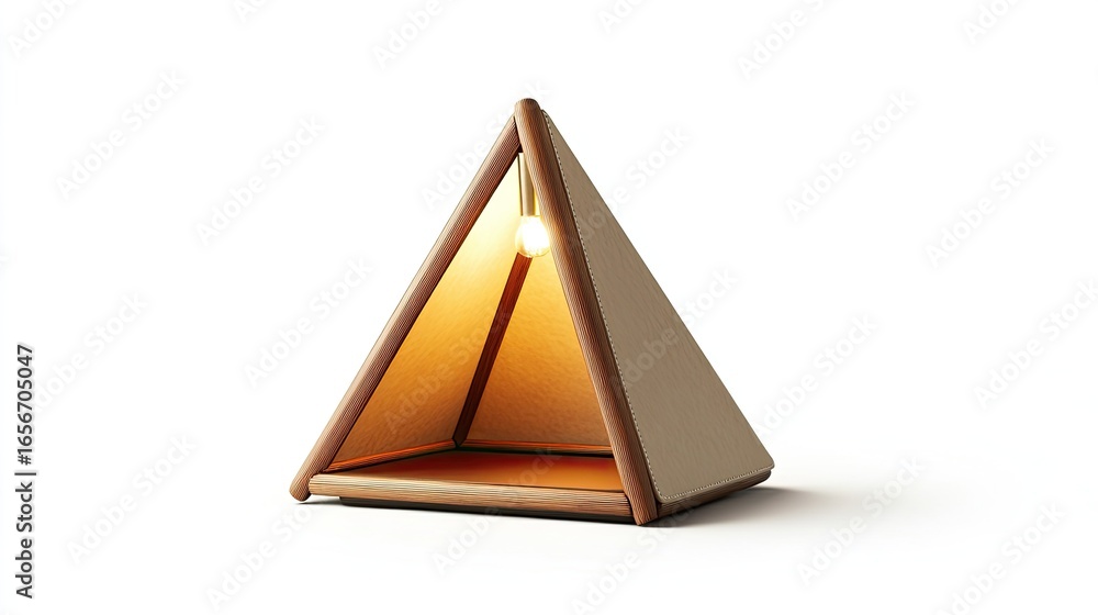 Poster minimalist triangle table lamp illuminating a warm glow on white background scene