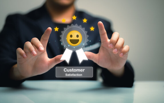 A professional depiction of customer satisfaction symbolized by a happy emoji award. This image conveys positive feedback and business excellence.