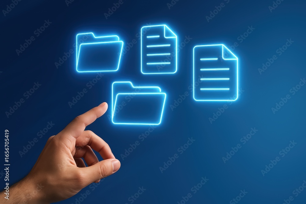 Aufkleber digital folder selection: an illuminated hand interacts with glowing file icons, illustrating digita