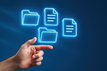 Digital Navigation: A person's hand points to digital icons, symbolizing the seamless interface between technology and our information resources. A modern-looking, eye-catching design.