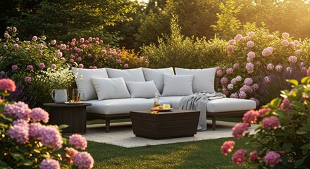 Obraz premium Serene garden oasis beckons with plush outdoor sofa, blooming hydrangeas, and golden hour sunlight creating a tranquil escape for relaxation and entertaining