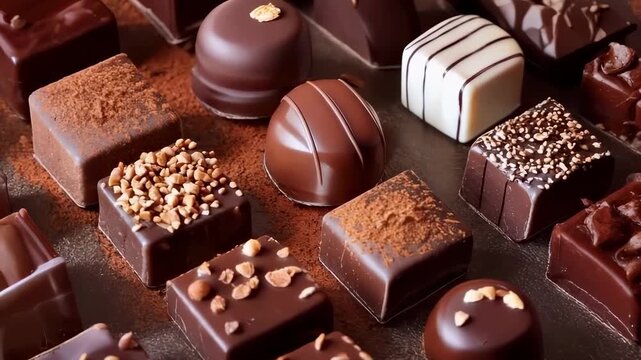 Assorted gourmet chocolate pralines with various textures and decorations. Multiple chocolate shapes including squares, spheres with intricate designs, dusted and nut-topped confections